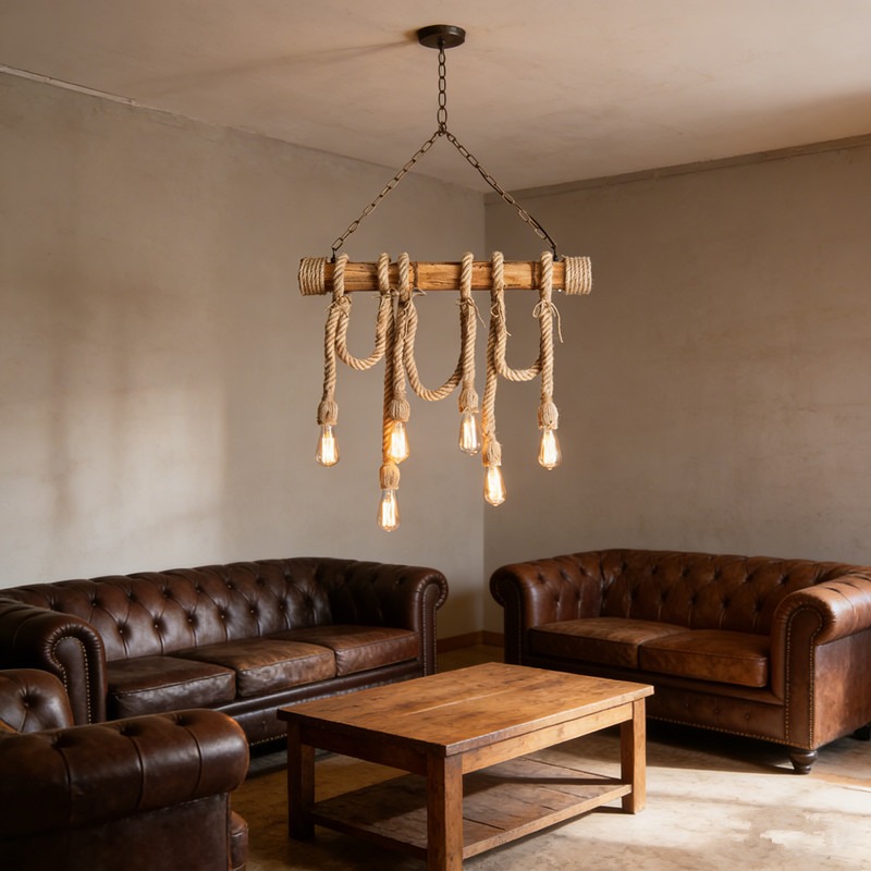 6 Heads Hemp Rope Pendant Lights Vintage Rustic Ceiling Light Including Bulbs — image 10