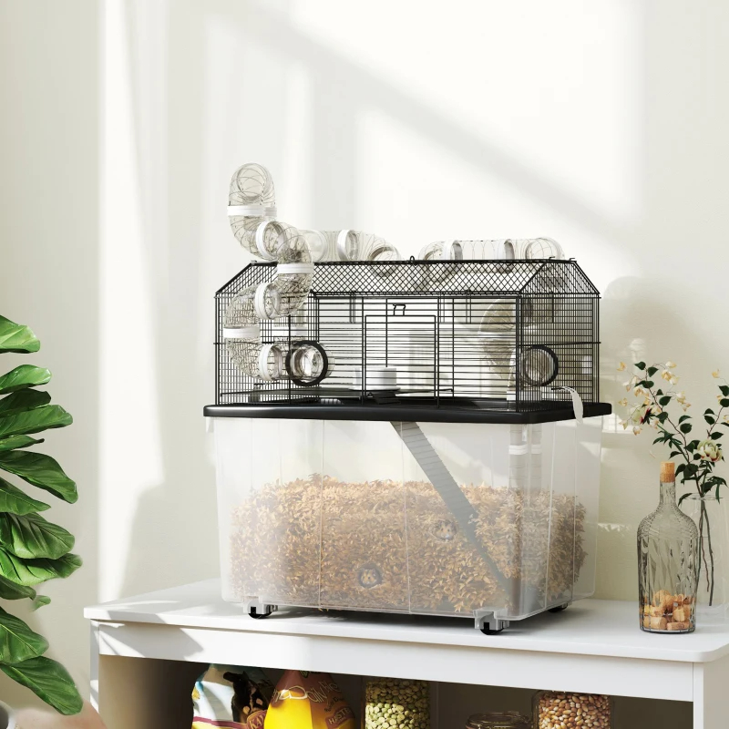 2 Tier Hamster Cage With 12 Deep Tray, Tube System, Water Bottle, Ramp, Feeding Bowl, Black