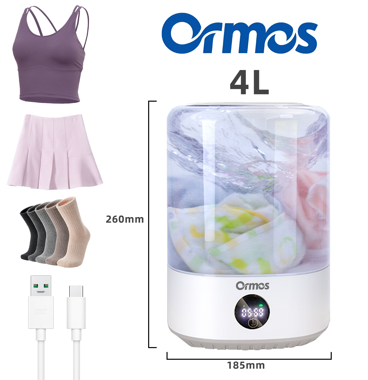 Portable Mini Washing Machine USB Rechargeable Cordless Washer For Underwear, Socks, Baby Clothes, 4L Capacity With Digital Control, Quiet & Efficient For Apartment, Dorm, Travel, Camping & R