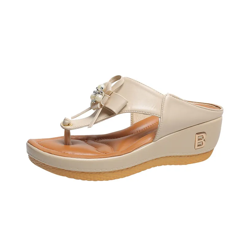 Flower Pearl Sandals Women Fashion Clip Toe Flip Flops Shoes Wedges Beach Shoes - White