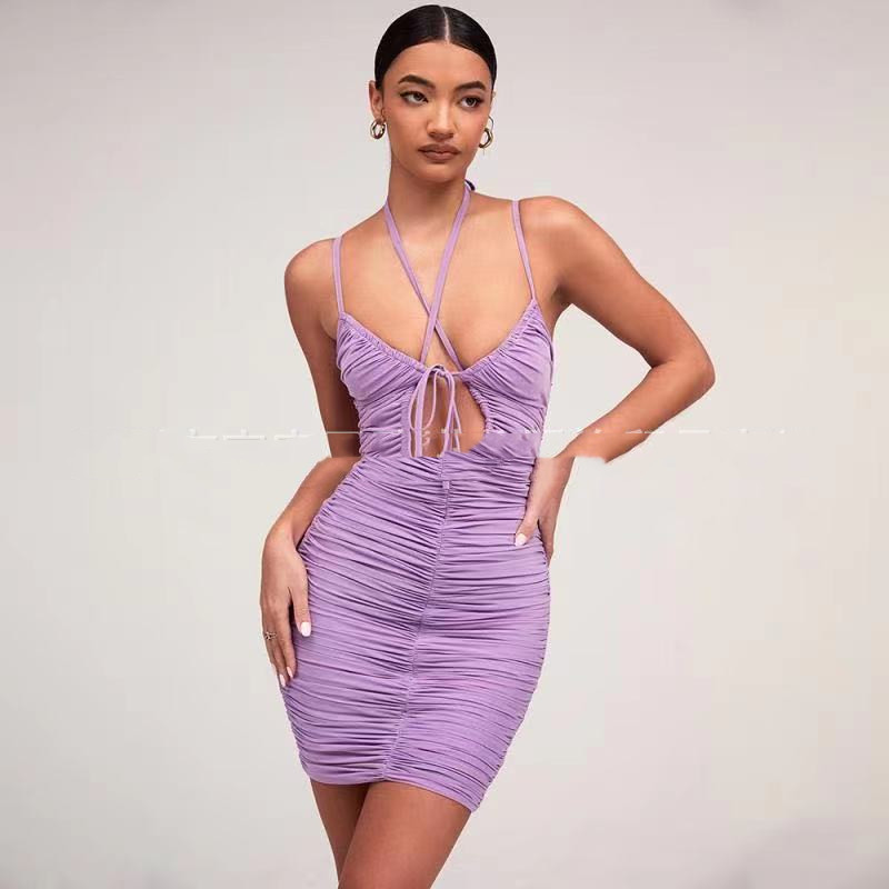 Drawstring Pleated Sexy Sling Dress Short Skirt Women Purple - Shop at LoveMi