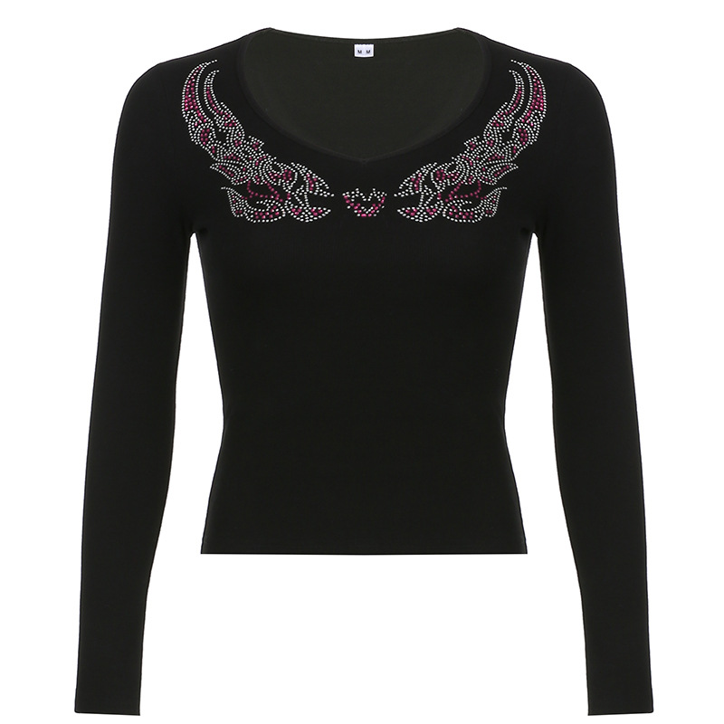Slim-fit Printed Hot-stamping Rhinestone V-neck Long-sleeved T-shirt Top Women