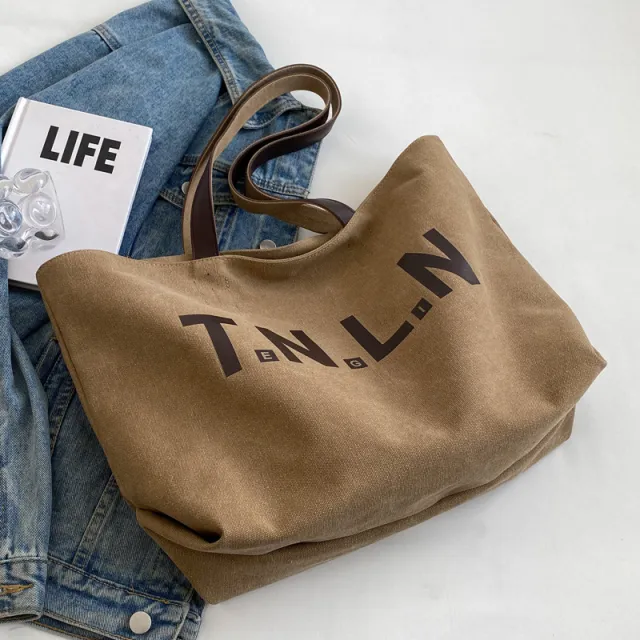 Letter Printed Totes Fashion Large Capacity Canvas Bags For Women All match Handbag Commuting Shoulder Bag For College Students Khaki - Shop at LoveMi