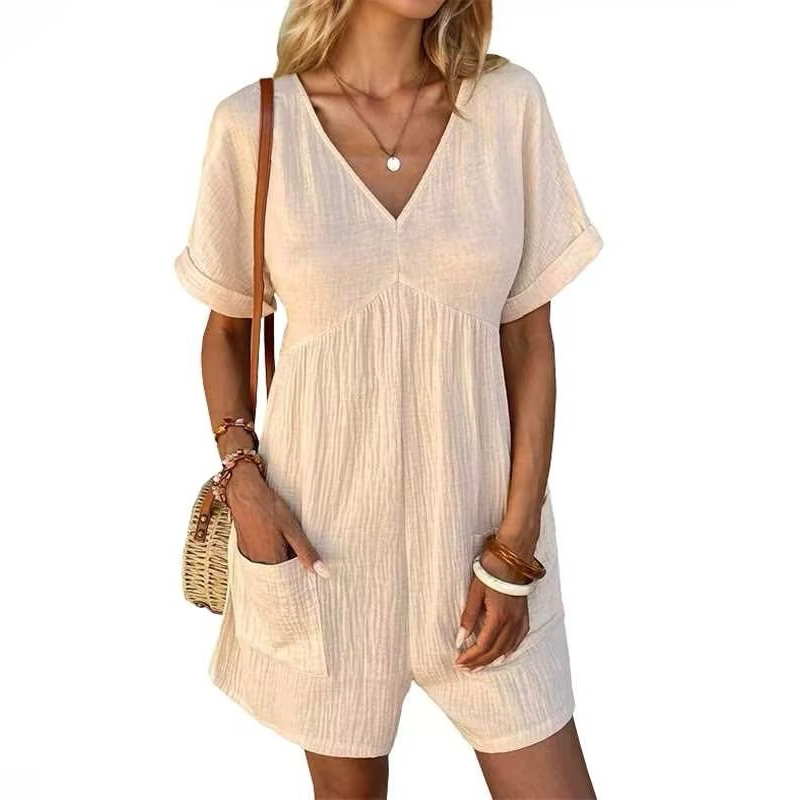 Damen Sommer Strampler Freizeit Kurzarm V-Ausschnitt Kurz Overalls mit Taschen - Bild 1 von 13