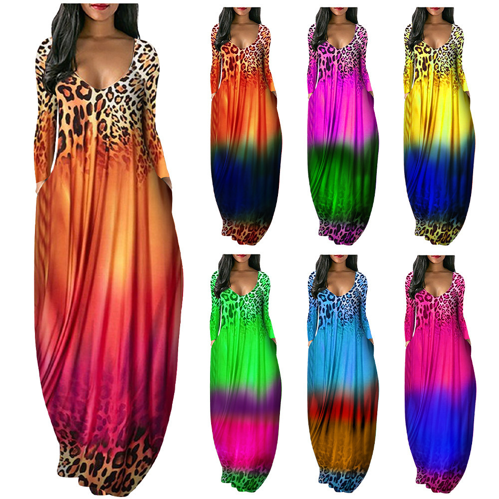 Women's Gradient Deep V Long Sleeve Loose Dress