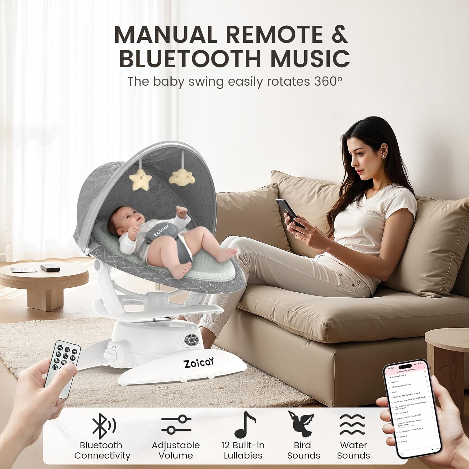 Baby Swing For Infants With Motion Detection, Electric Baby Swing With 3 Swing Modes, 12 Lullabies  5-Speeds