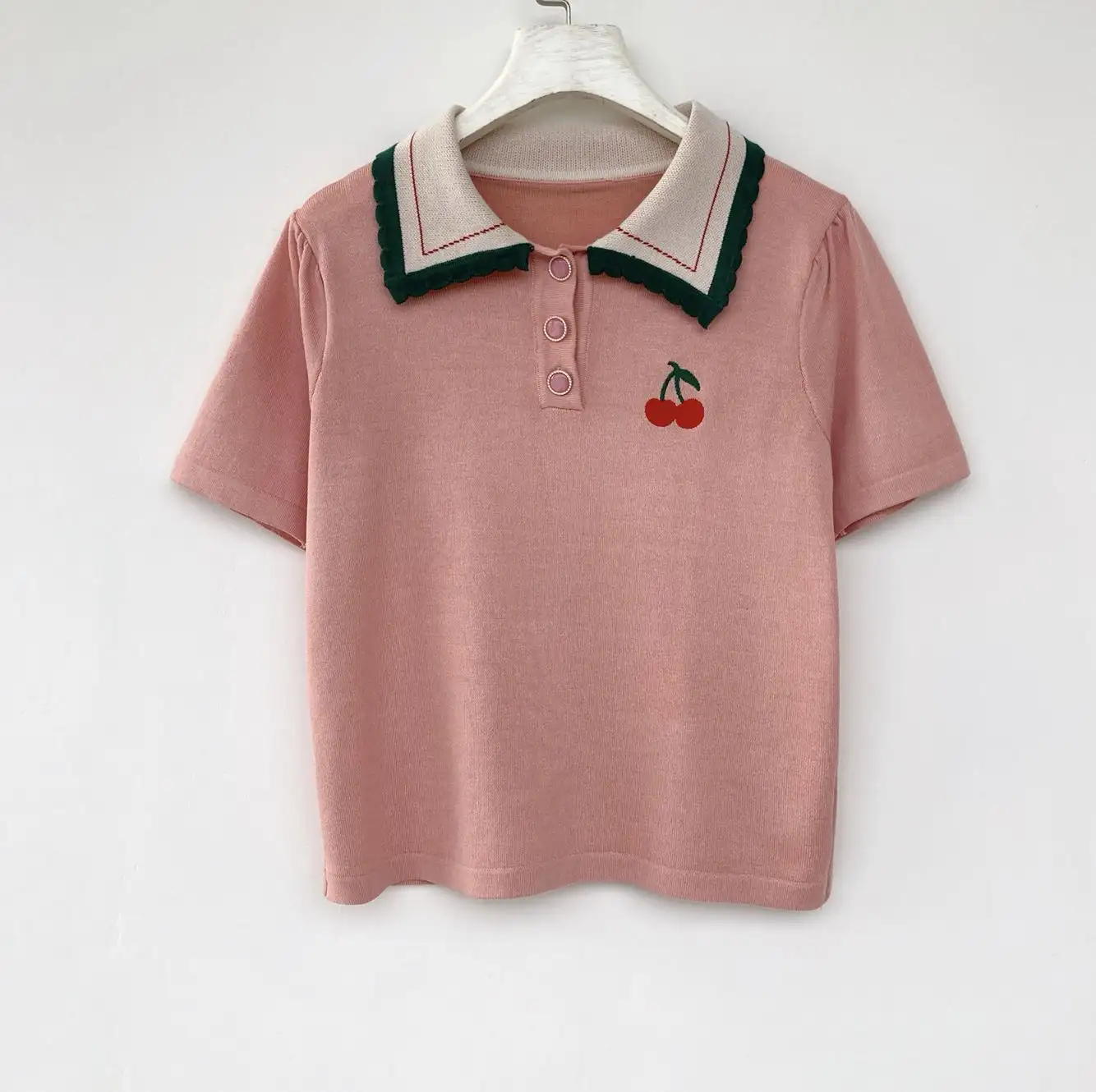 Cherry Embroidered Lapel Temperament Short-sleeved Knitted Top T-shirt