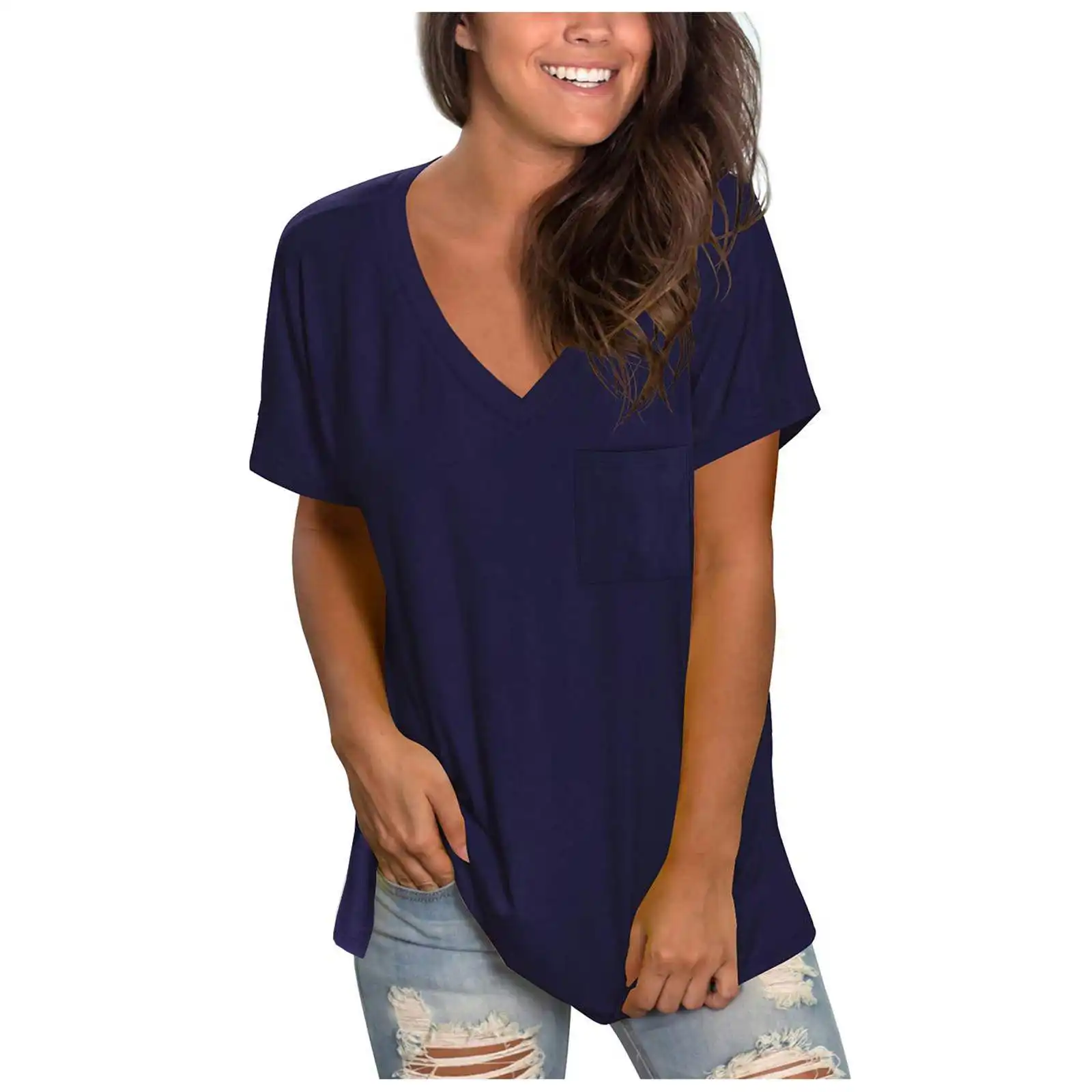 T-Shirt NEW Pullover Solid Short Sleeve Collar Pocket Hem