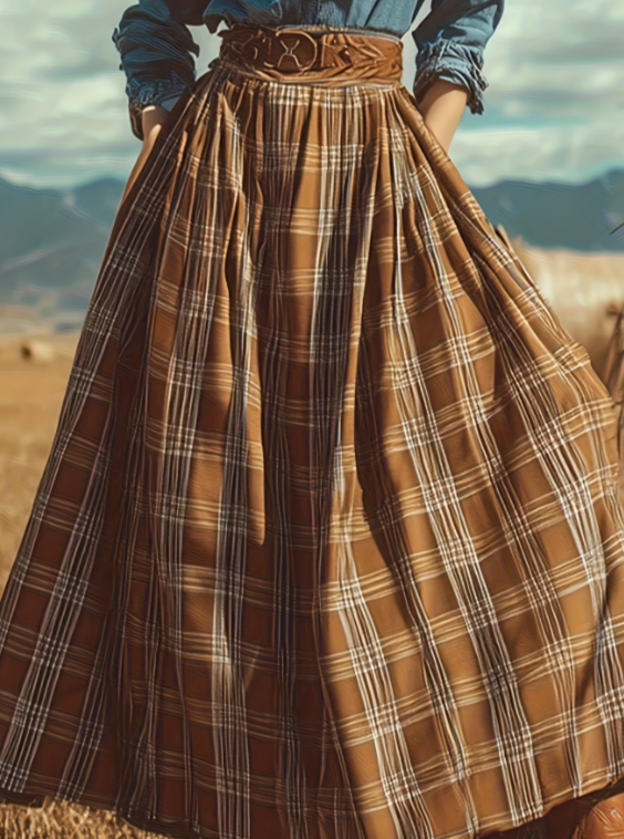 Plaid Pleated Maxi Skirt Casual Midi Skirt