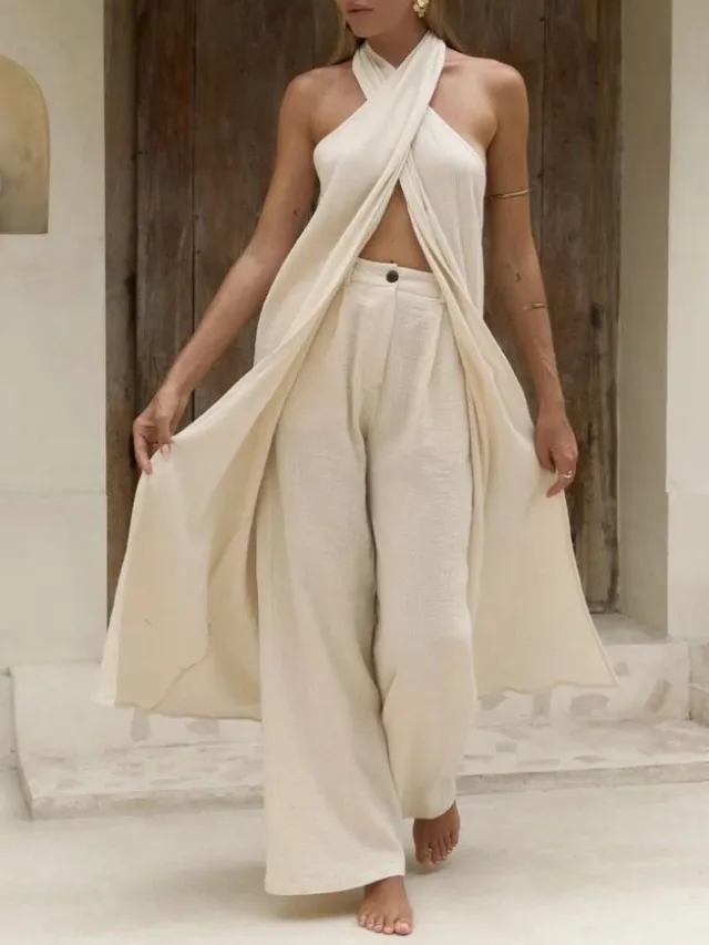 Cotton And Linen Khaki High Slit Long Top & Pants Suit Khaki - Shop at LoveMi