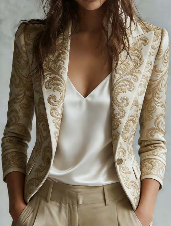 Velvet Pocket Suit With Printed Lapel And Flared Sleeves, Long-sleeved Blazer.