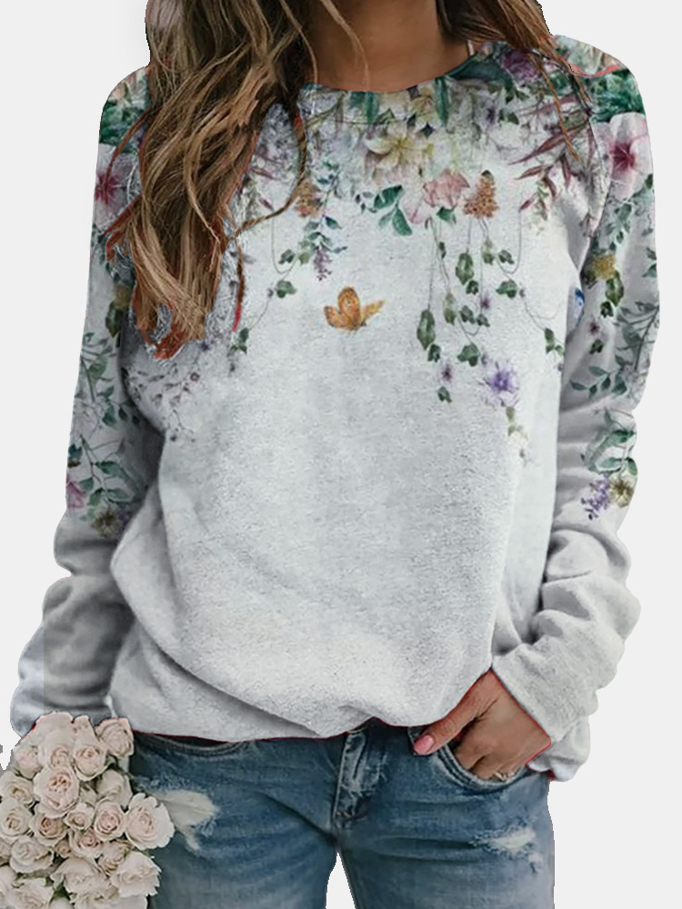 Loose Round Neck Floral Element Colorful 3D Digital Print Sweatshirt Gray - Shop at LoveMi