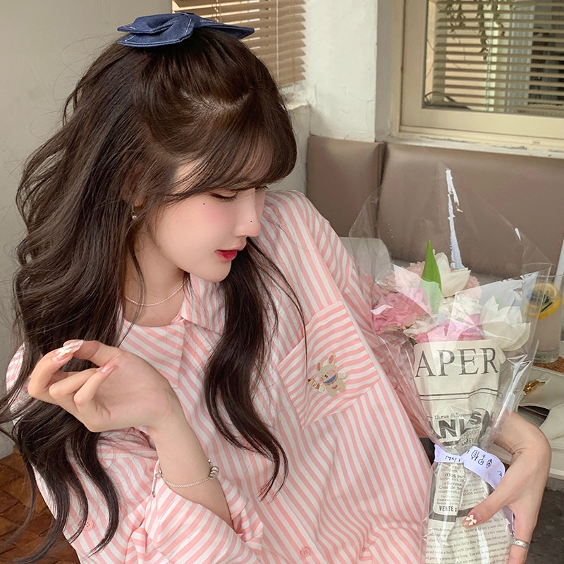 Striped Shirt Womens Midlength Cartoon Loose Allmatch Longsleeved Jacket Autumn Top