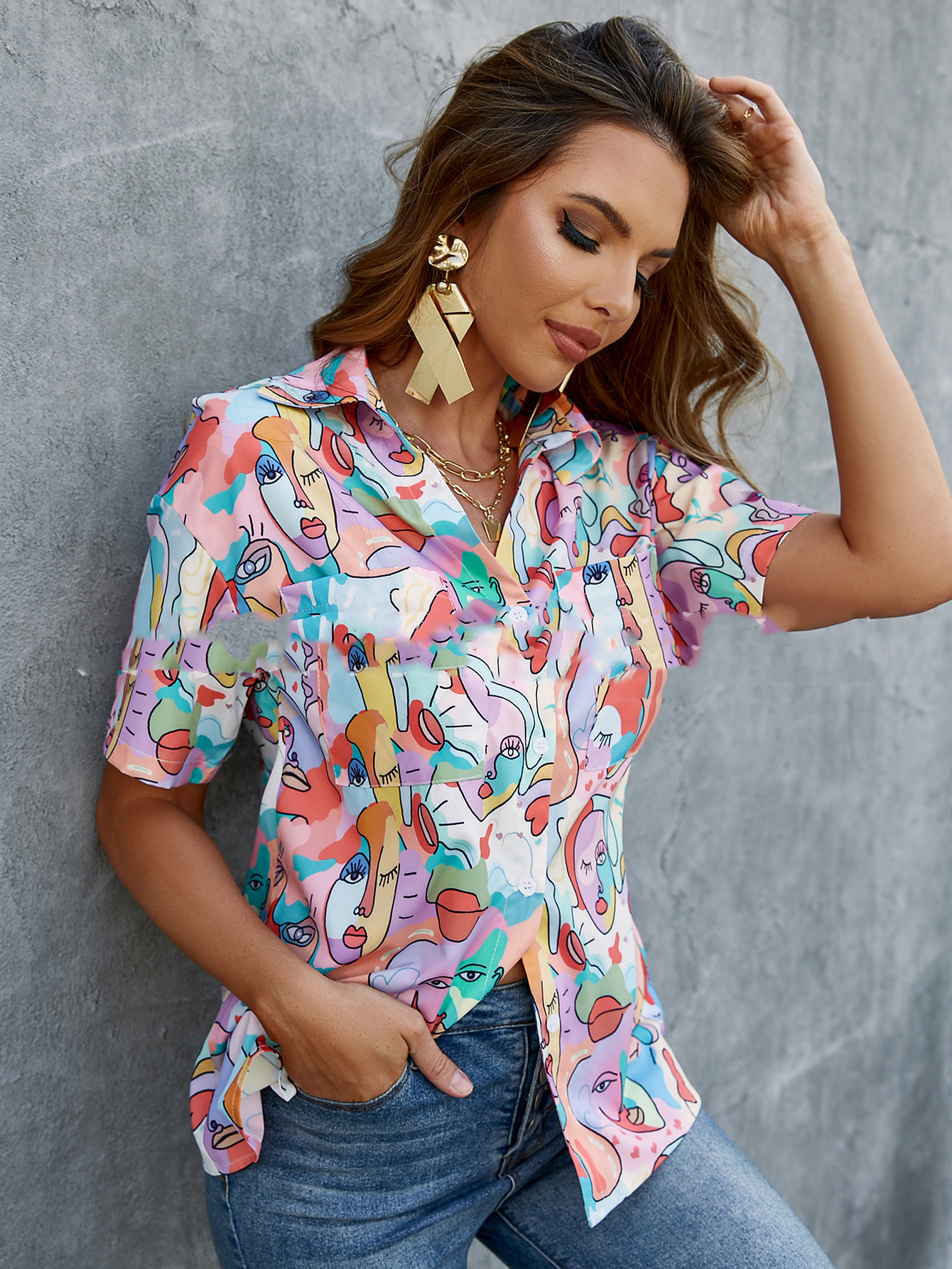 White Mid-sleeve Pullover Stitching Print Fashion Business Temperament Commuting