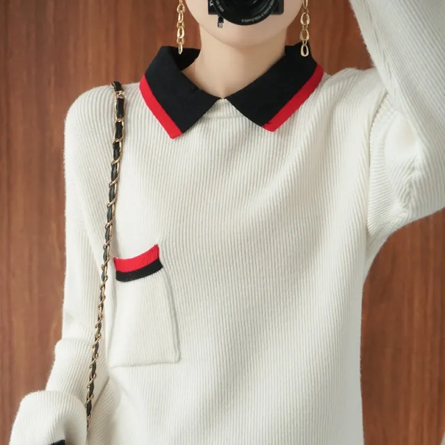 Color Blocking Loose Slouchy Versatile Sweater White - Shop at LoveMi