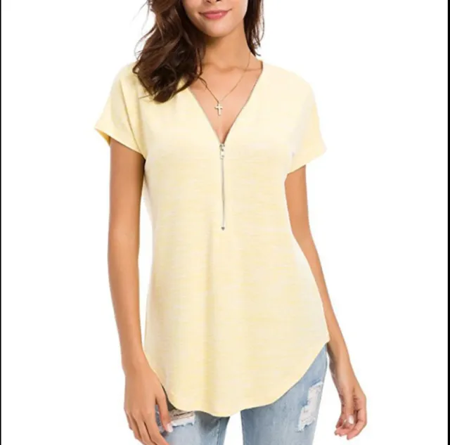 Pure Color Zipper Stitching Casual Loose V neck Short Sleeves Apricot - Shop at LoveMi