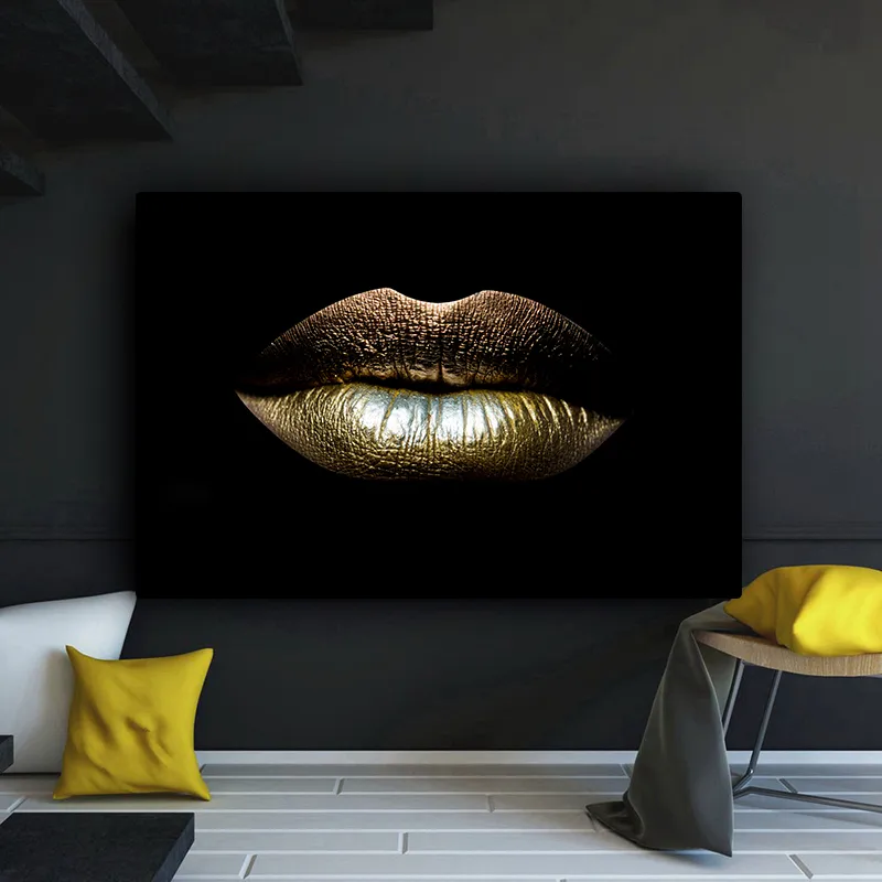 Wall Art Canvas Black and Gold Sexy Lips Makeup