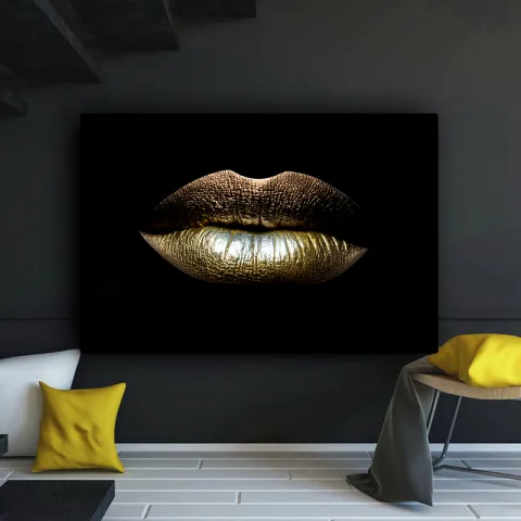 Wall Art Canvas Black and Gold Sexy Lips Makeup