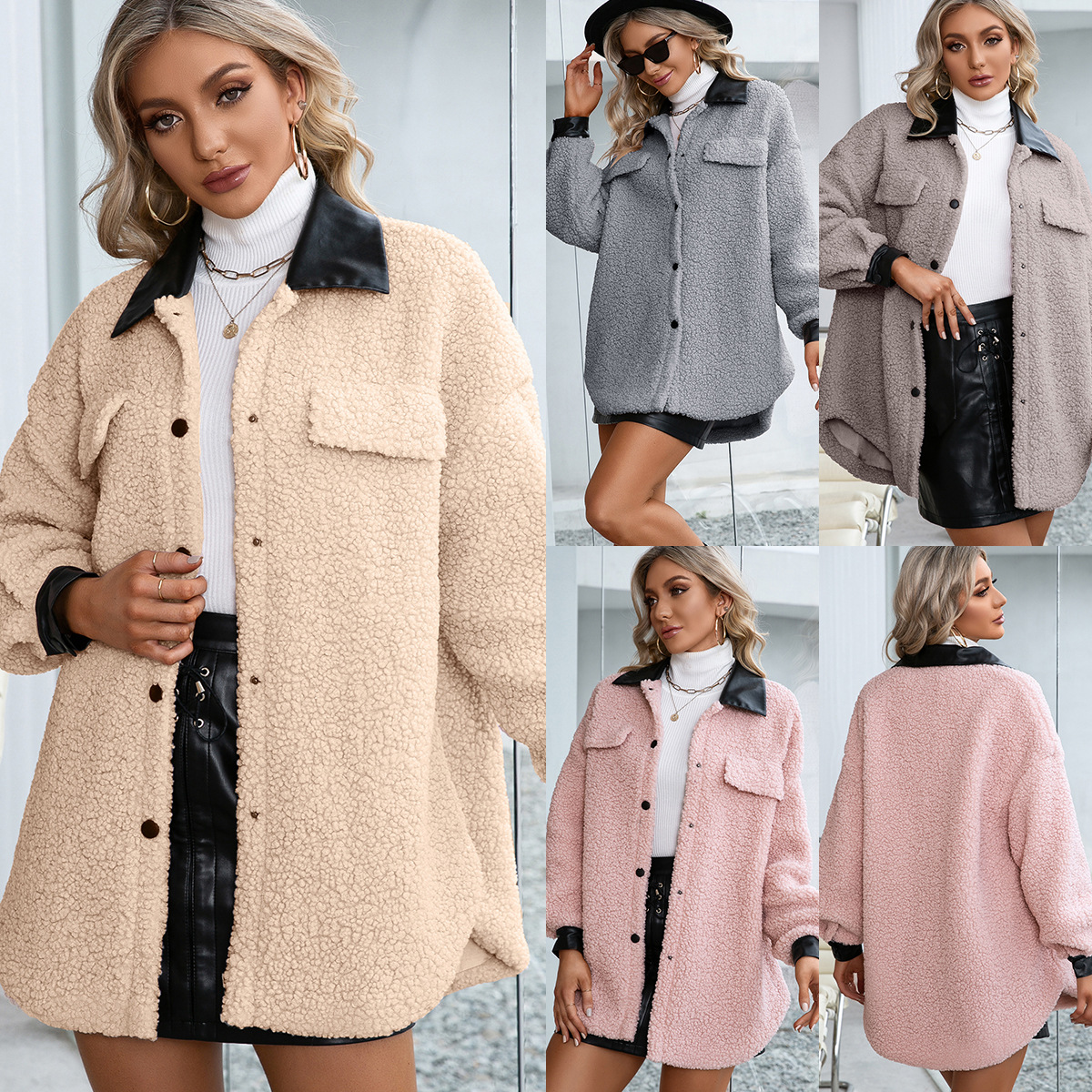 Lapel Cardigan Plush PU Long Single Breasted Trench Coat
