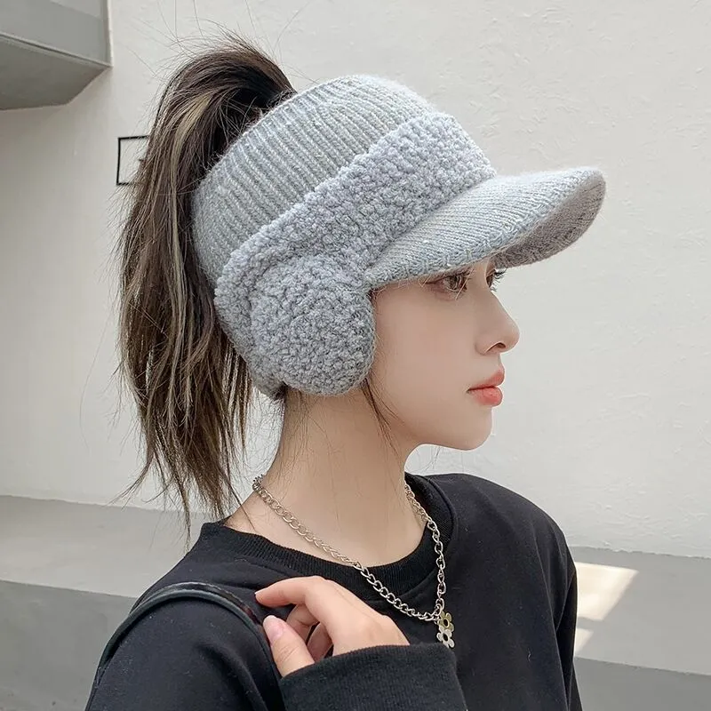 Knitted Ear Protection Duck Tongue Plus Velvet Empty Top Earmuffs Wool Hat Lady - Grey