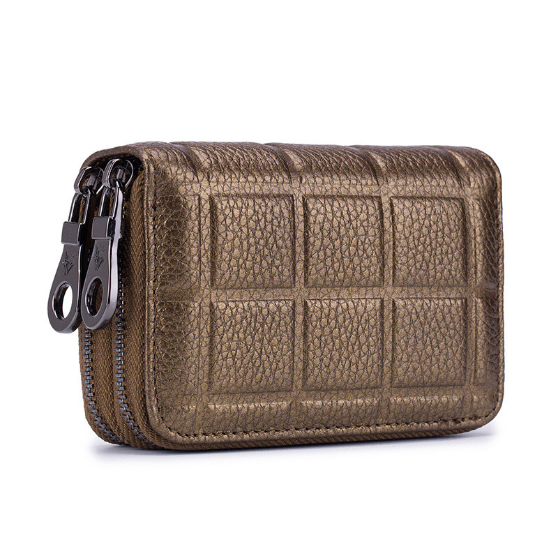 Double Zipper Pull Cowhide Multifunctional Coin Purse Gold - Shop at LoveMi