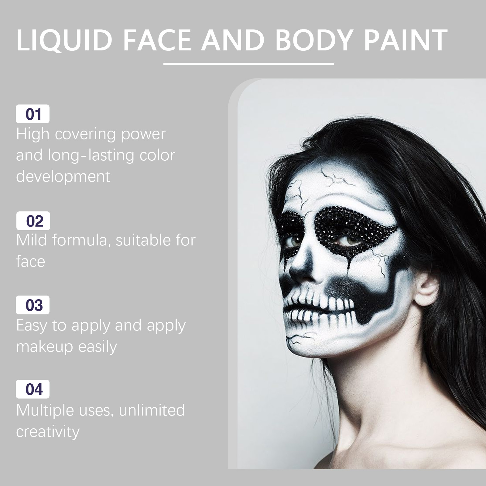 Halloween Black White Liquid Face Body Paint, Quick Dry Face Painting Kit With Brush, Long Lasting Face Paint For Halloween Skeleton Cosplay