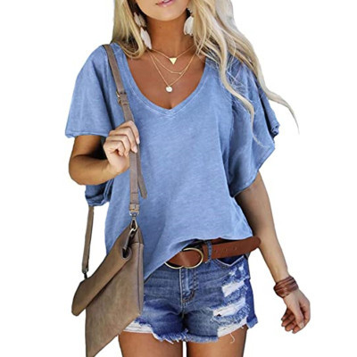 Title 5, Solid Color Loose V-neck Short-sleeved T-shirt