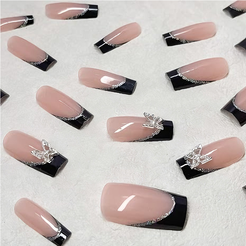 24 PCS Black P Ink Butterfly Nail Art, Long Length Long Water Pipe Fake Nails,Square Head Nail Tips False Nail