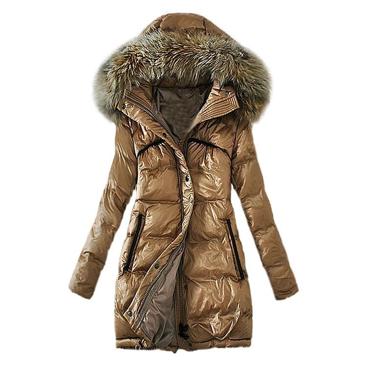 Imitation Raccoon Fur Collar Thick Plus Size Slim Down Padded Jacket Mid length Khaki - Shop at LoveMi