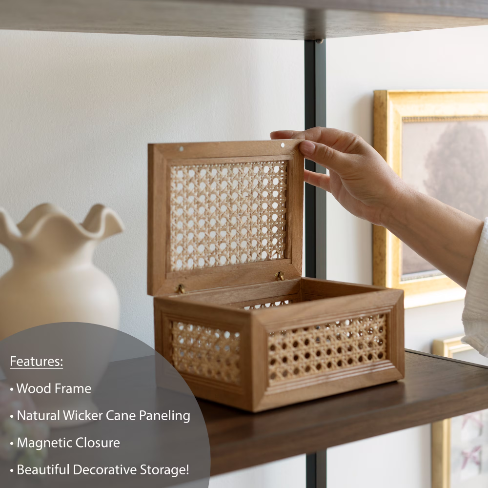 Oblong Rattan And Wood Decorative Tabletop Box