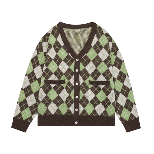 Women's Diamond Plaid Cardigan Sweater Green - Shop at LoveMi