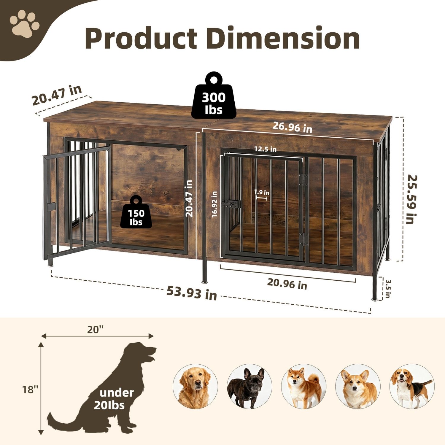 Double Dog Crate Furniture With Divider, Heavy Duty Pet Kennel End Table TV Stand, Extra Large Double Door 5