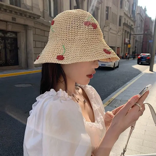 Women's Cherry Straw Hat Bucket Cover The Face Is Prevented Red - Shop at LoveMi