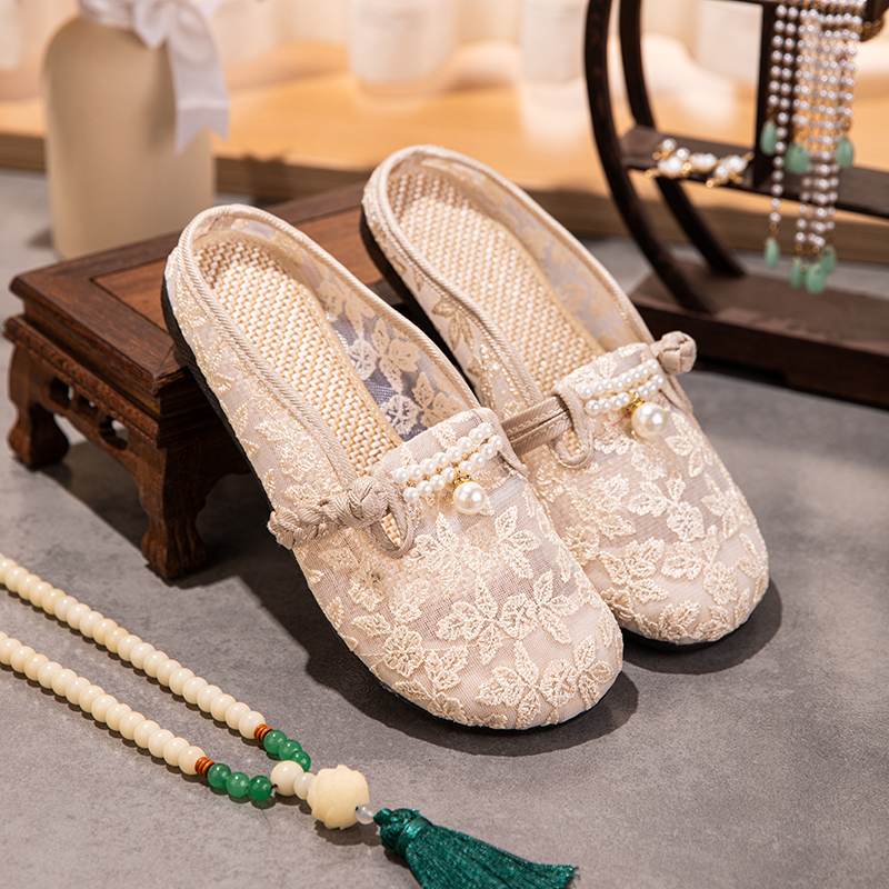 Embroidered Mesh Pearl Mule Slippers — detail view 8