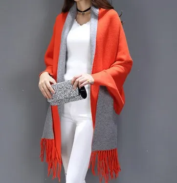 Ladies Shawl Cardigan Tassel Cape Sweater Coat Orange - Shop at LoveMi