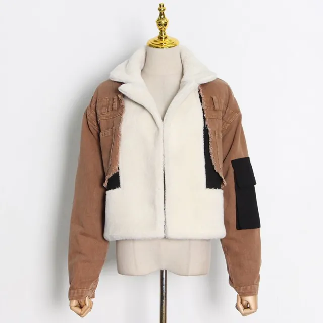 Lamb wool loose thick denim jacket Brown - Shop at LoveMi
