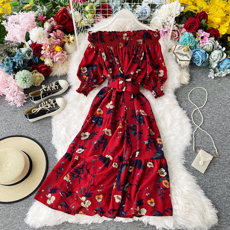 One Word Collar Printed Lantern Sleeves Waist Dress