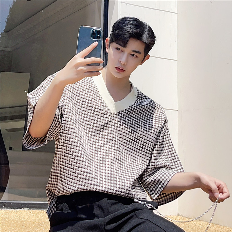 Half-sleeve Loose Plaid Body Shirt Five-sleeve Top