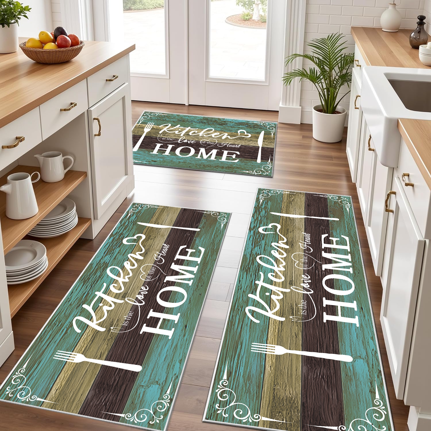 Boho Kitchen Rug Sets 3 Pieces, Washable Kitchen Mats For Floor, Non Slip Soft Kitchen Area Rug Floor Mat For Kitchen, Laundry Room And Hallway Teal, 20''X32'' 20''X48'' 20''X60'' 9