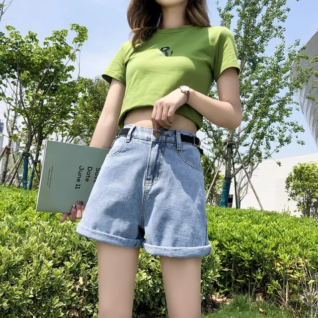 Elastic Waist Cuffed Denim Shorts Light Blue - Shop at LoveMi