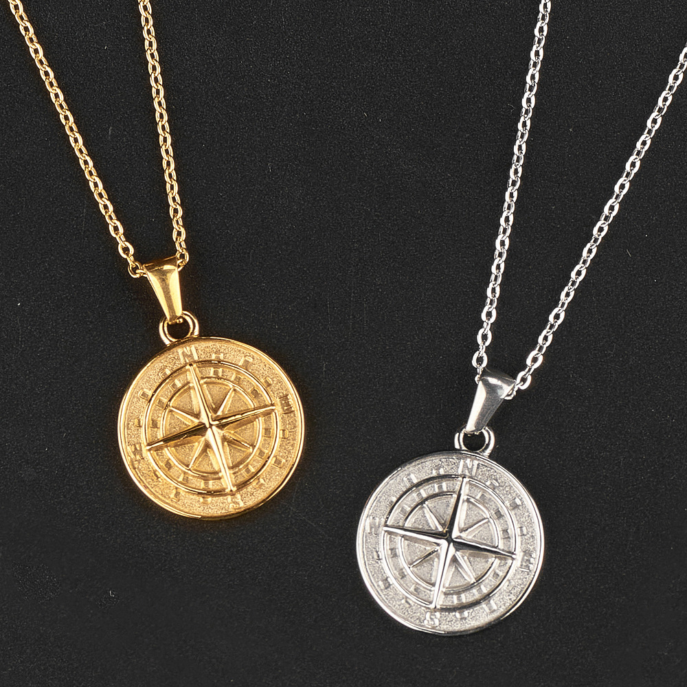 Titanium Steel Compass Pendant Necklace (Black pendant)