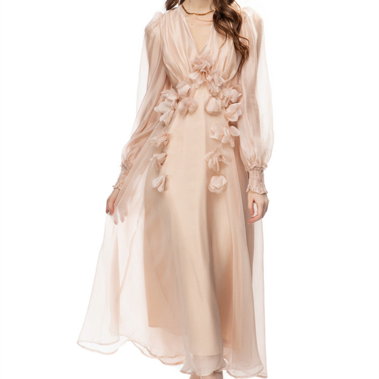 Long Sleeve Three-dimensional Embroidered Backless Voile Dress — image 1