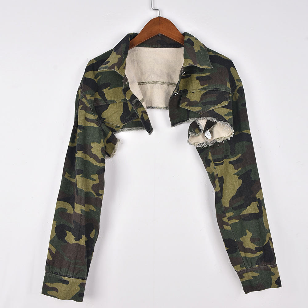 Ladies Lapel Long Sleeve Street Mini Jacket Camouflage - Shop at LoveMi