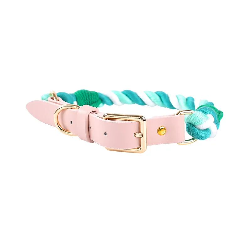 Hand Woven Cotton Rope Leather Pu Collar Pet Collar - Green