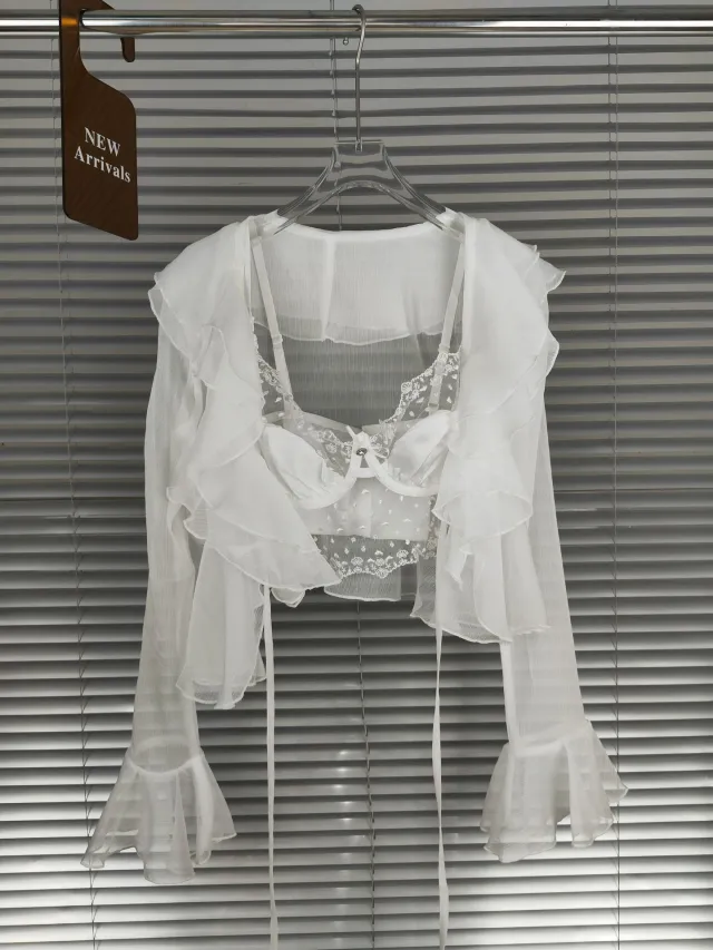 Lace Suspender Chiffon Cardigan Two piece Set White - Shop at LoveMi