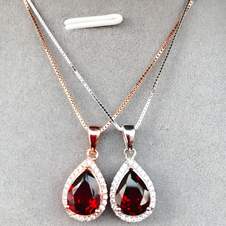 Natural Mozambique Garnet Drop Shape Pendant Sterling Silver Plated Necklace