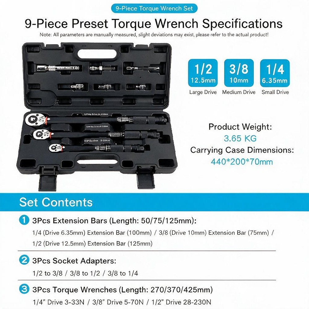 9 Piece Torque Wrench Set 3-230Nm 1 4 3 8 1 2 Drive Calibrated Garage Tools — image 4