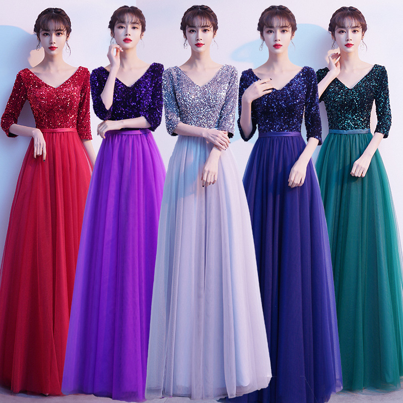 V-Neck Seven-Point Sleeve Evening Dress, picture 4 of 7