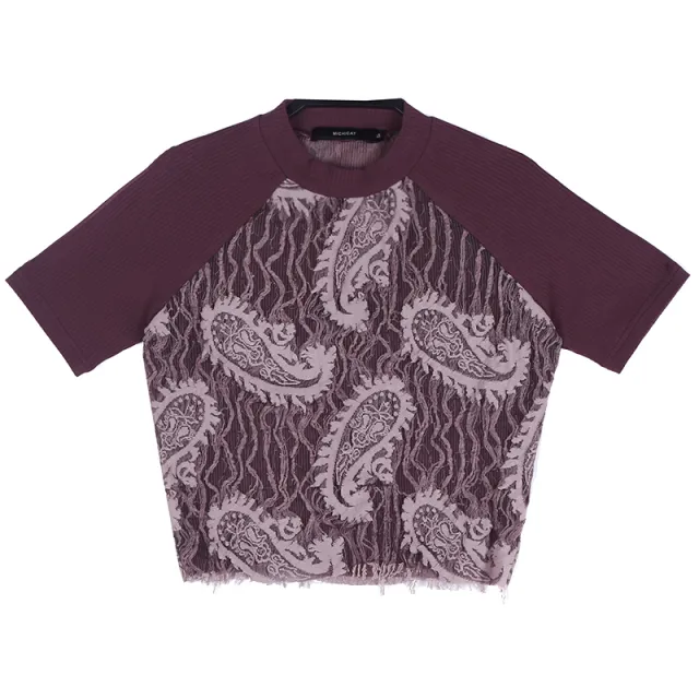 Retro Tassel Mesh Gauze Sandwich Cashew Pick Flower Insert Shoulder Sleeve Short Style T shirt Women Purple - Shop at LoveMi