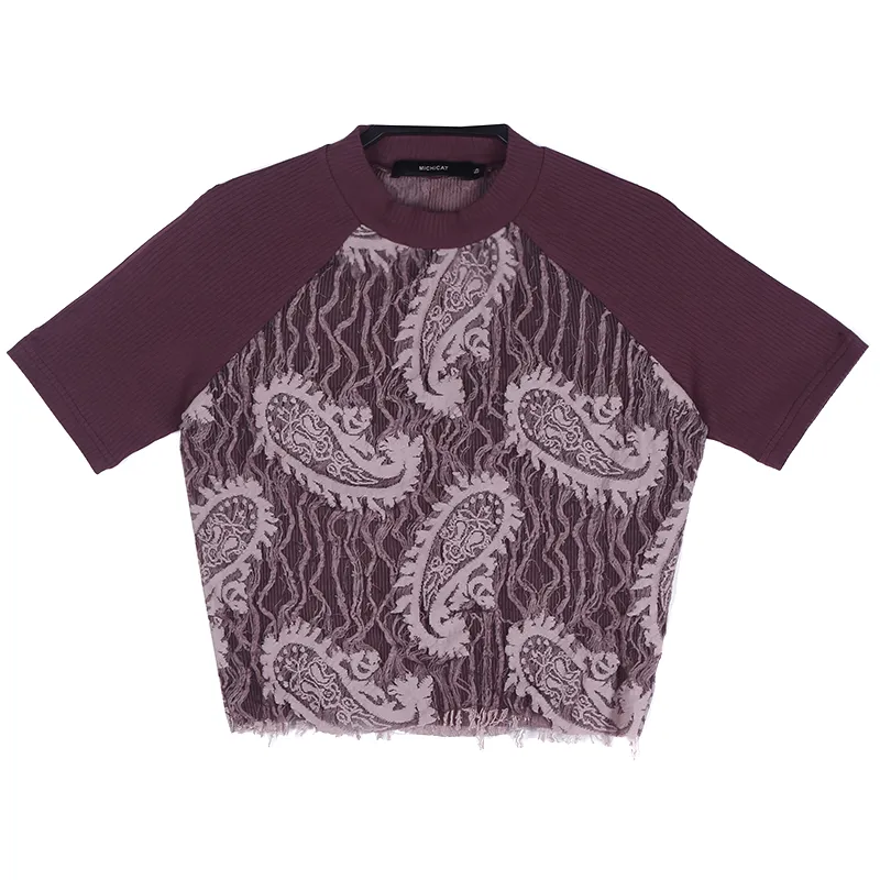Retro Tassel Mesh Gauze Sandwich Cashew Pick Flower Insert Shoulder Sleeve Short Style T-shirt Women - Purple